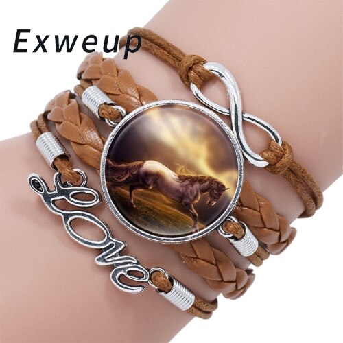 Exweup Vintage Horse Pattern Black Leather Bracelets Bangles Love letter Crystal Gem stone Bracelets Women Bangle Wristbands: F11170MI05