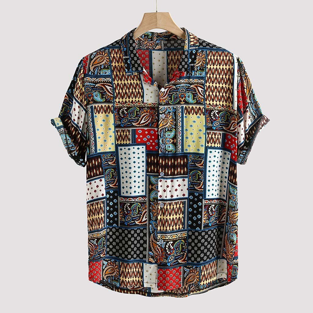 Mens Vintage Ethnic Style Printing Loose Short Sleeve Stand Collar Casual Shirt Daily Wearing Office Big Blouse