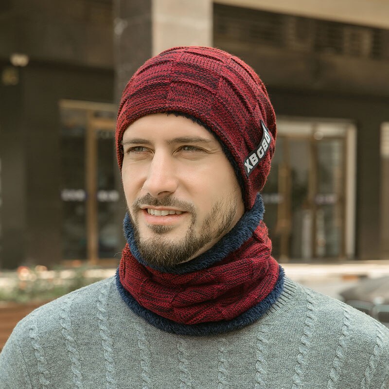 Herrestrikkede vinterluer herrehals tykk og varm vinterlue høstlue lue herre ull skiluer lue lue lue skjerf: Claret xbg