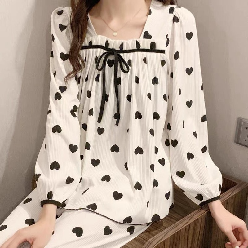 Conjunto de pijama de manga larga para mujer, ropa de dormir sencilla con cuello cuadrado y lazo, cómoda, holgada, informal, 2 piezas