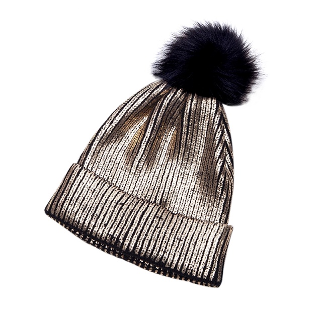 Kvinner jenter vinter varm metallisk skinnende strikket heklet lue med pom pom: Gylden