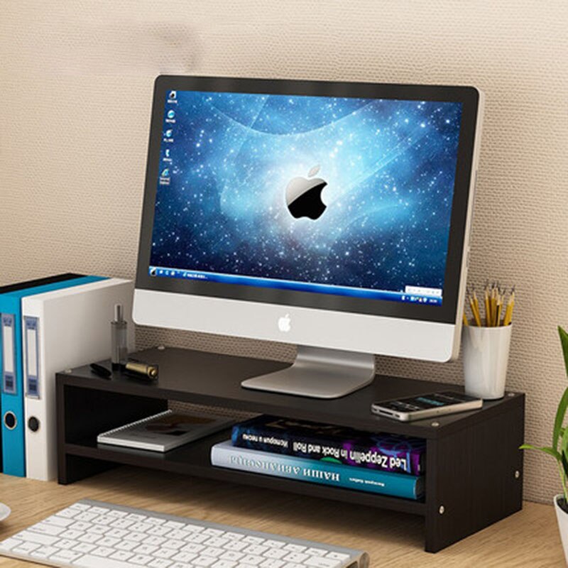 Computer Monitor Drawer Pad High Screen Base Office Desktop Storage Shelf Wood: black two