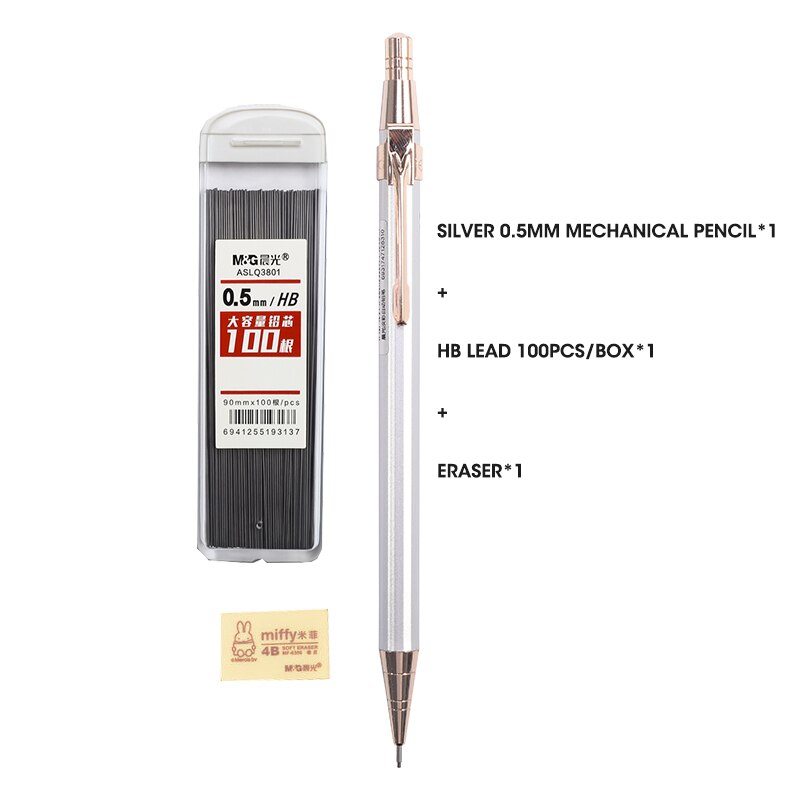 M&amp;G Full Metal Mechanical Pencils Morandi Color 0.5mm HB Lead Refill Student Writing Automatic Pencils Lapiseira School Supplies: 0.5mm 3pcs Silver