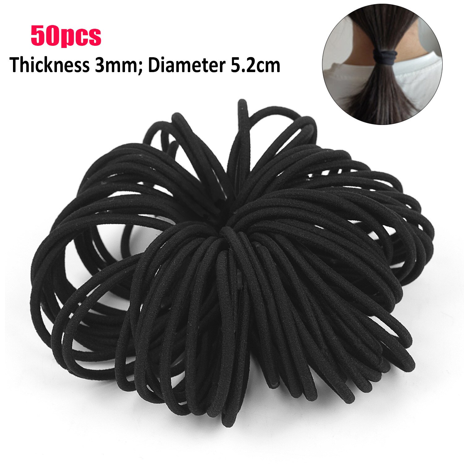 50 Stuks Zwarte Haarbanden Voor Vrouwen Meisjes Stap Size Haar Elastische Elastiekjes Basic Haar Banden Touw Paardenstaart Houder haarbanden Dikke: 3MM 50PCS