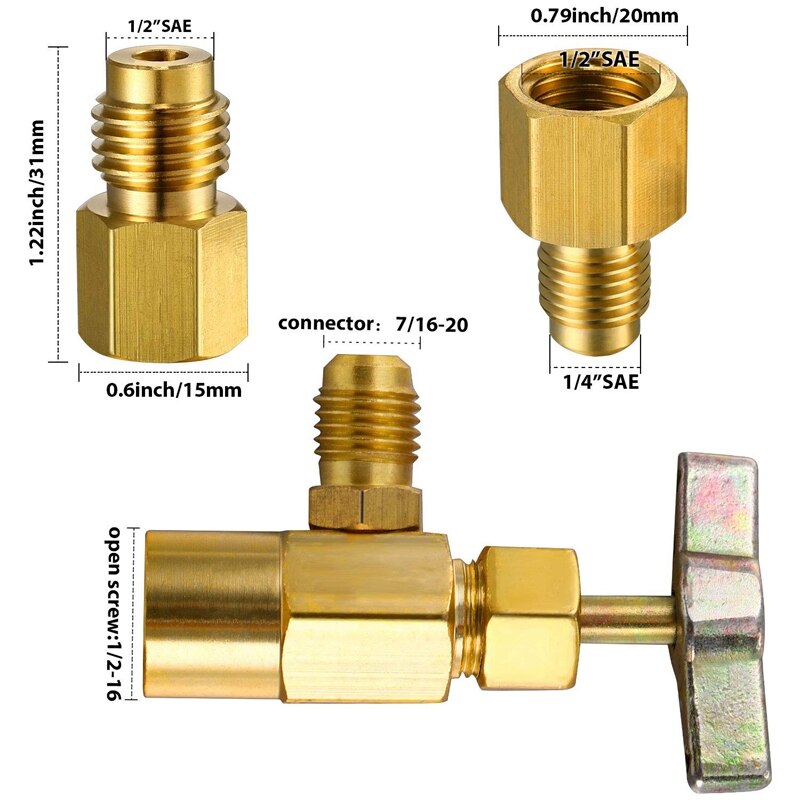 3 Stck R134A Kältemittel Spender Gewinde Ventil Flasche Öffner mit Panzer Adapter für 1/4 Zoll aufflackern Weibliche und 1/2 Zoll männlichen