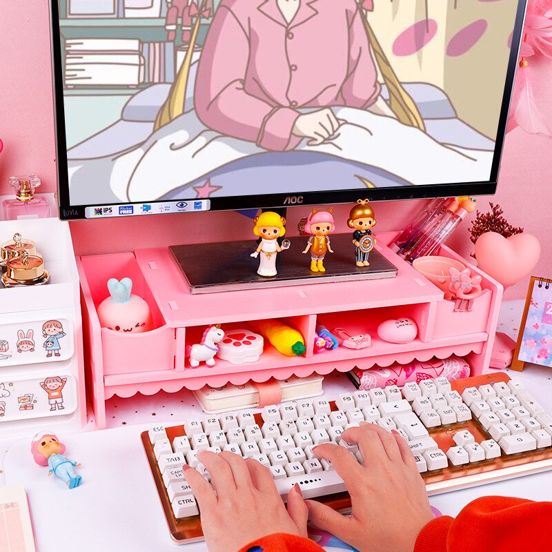 Pink Cute Monitor Stand Desktop Storage Wood Bracket Storage Box Laptop Desktop Computer Monitor Increase Rack Office Supplies