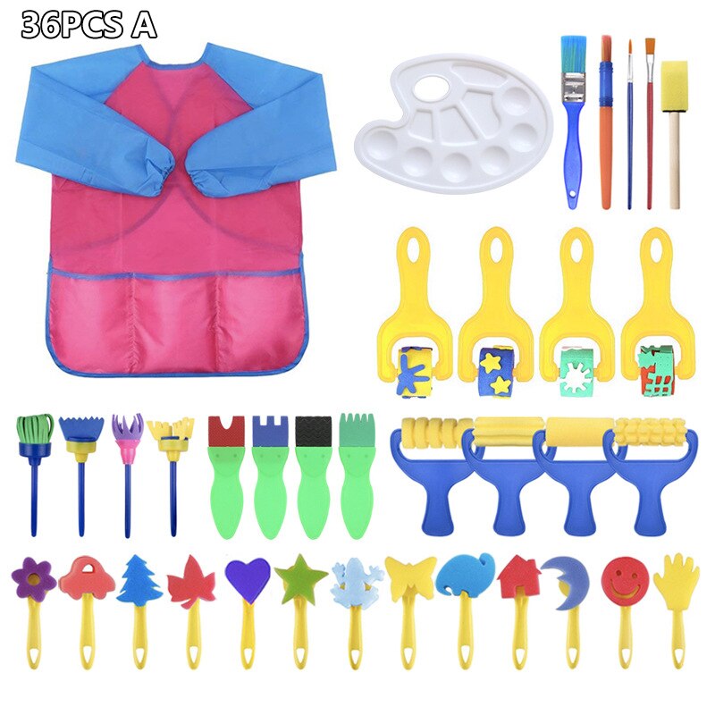 DIY Children Painting Foam Sponge Brush Apron Moulds Tools Kit Kids Early Art Education Learning Drawing Graffito Tools: 36pcs toys gift A