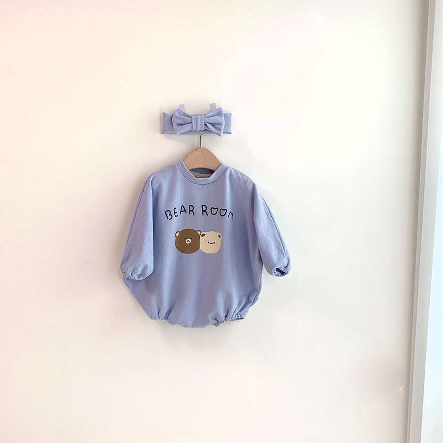 Herfst Baby Kleding Schattige Beer Patroon Baby Jongens Bodysuit Lange Mouwen Peuter Meisjes Jumpsuit Met Baby Hoofdband: blue / 6m