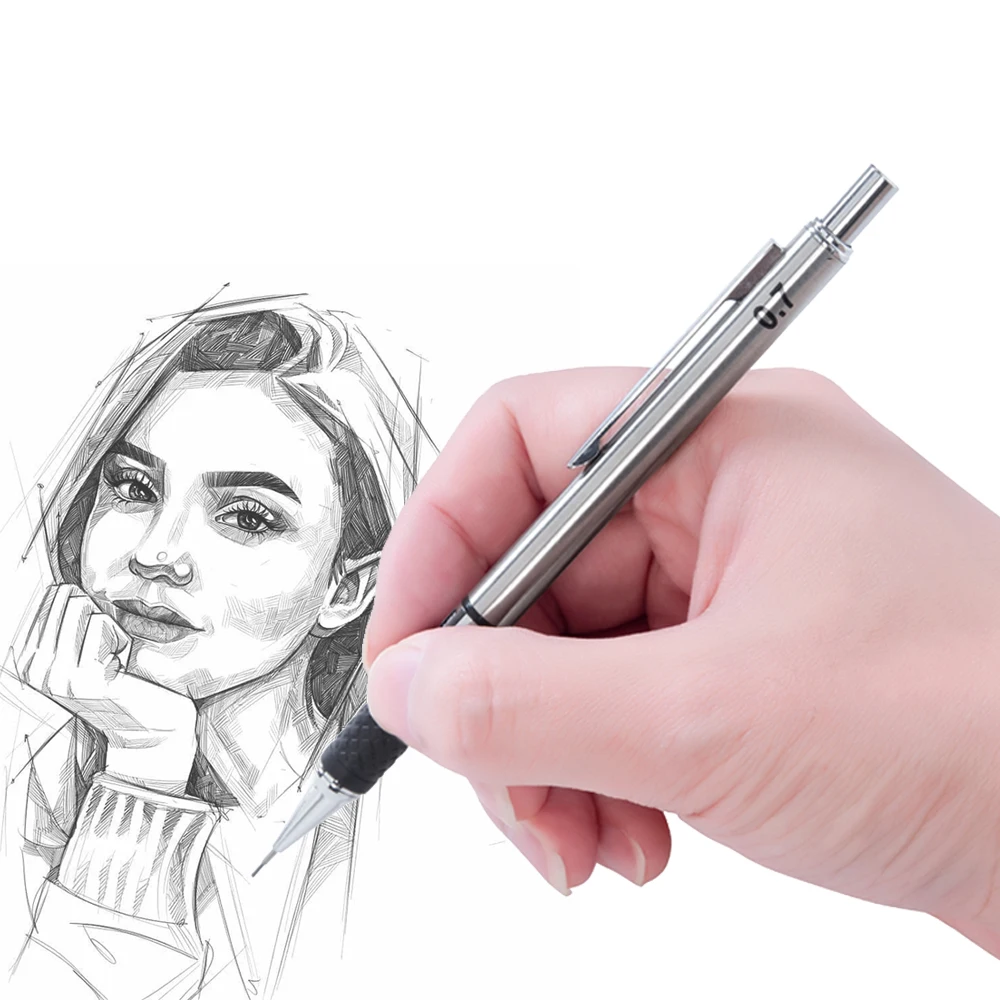 Juego de lápices mecánicos de Metal con agarre para lápiz, suministros de oficina para estudiantes, dibujo artístico, lápiz automático de 0,5/0,7/0,9/2,0mm