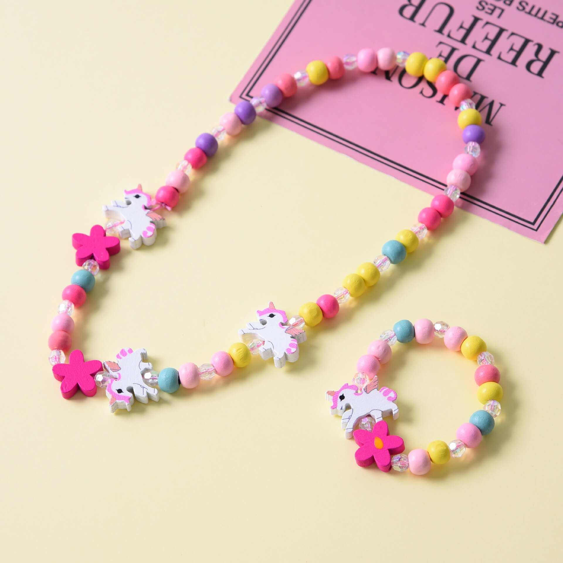 8 Color Natural Wood Colorful Beads Cute Animal Necklace Bracelet Set For Children's Jewelry Girl Birthday