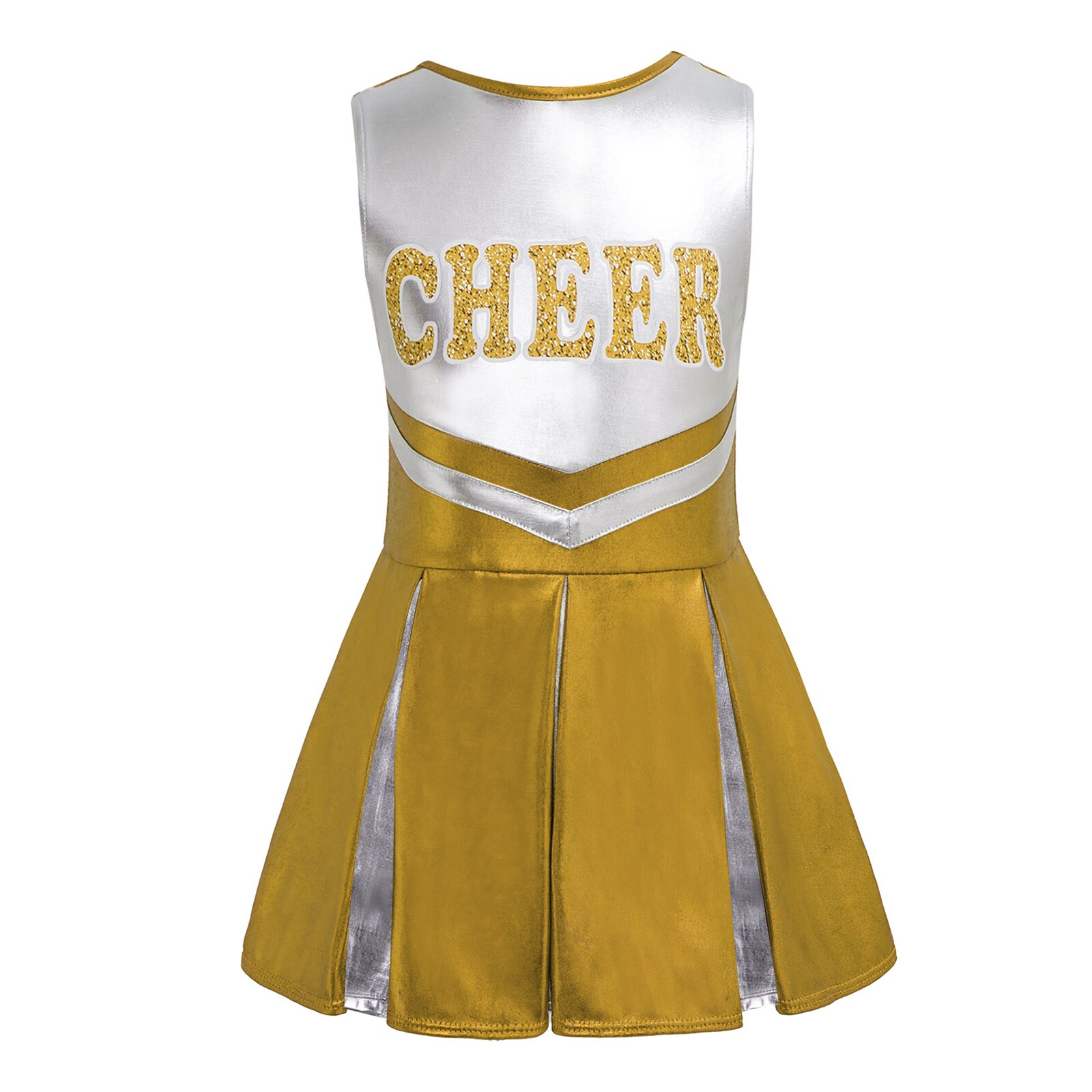 Kids Meisjes Rode Stijlvolle Kleding Cheerleading Jurk Mouwloze Ronde Hals Shiny Brief Gedrukt Contrast Kleur Geplooide Dans Jurk: Gold / 16