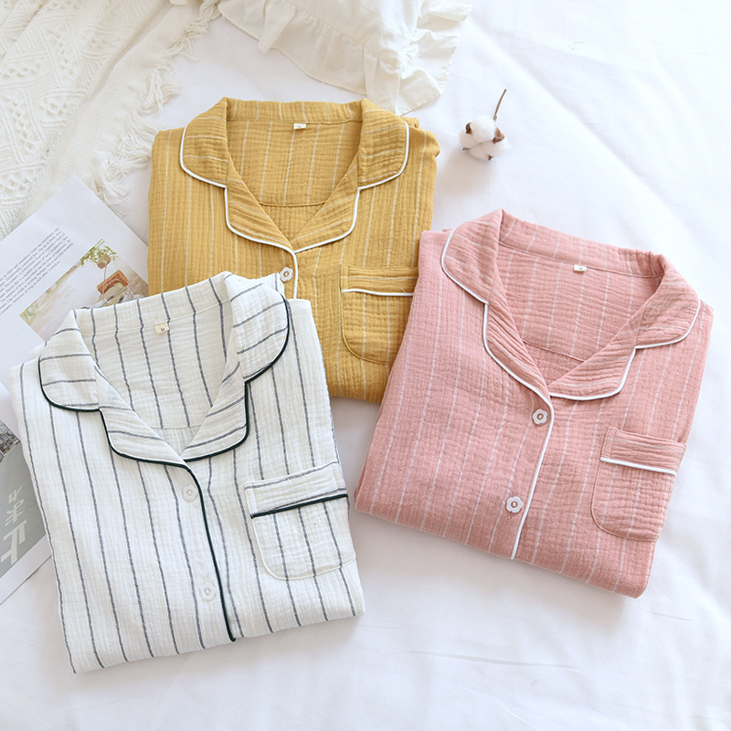 Lente Zomer Lady Katoen Nachthemden Nachthemden Vrouwen Eenvoudige Nachtkleding Crêpe Gestreepte Thuis Pyjama Plus Size Sleepdress