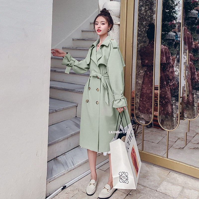 autumn Korean Double Breasted Trench Coats Female Sashes Belted Slim Waist outwear Women clothing spring FY139