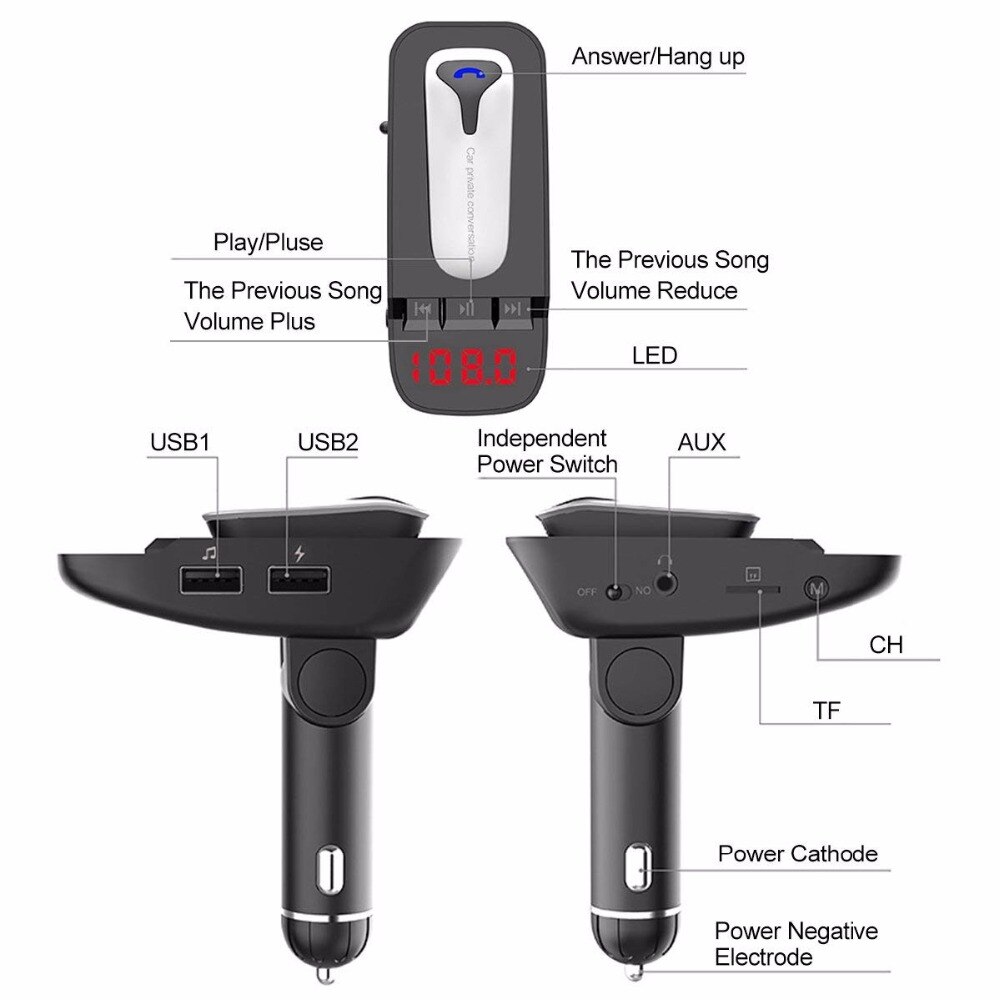 FM Transmitter Bluetooth V4.2 Handsfree Car Kit + Headset Earphone FM Modulator Adapter Aux Output Inout Support TF Card U-disk