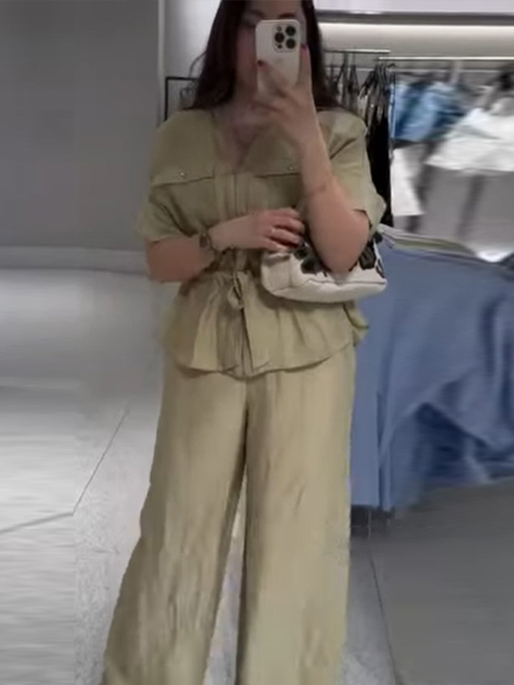 Set Woman 2 Pieces Short Sleeve Stand Zippers Lace Up Tops Loose Straight-leg Pants Summer Female Casual Outfits