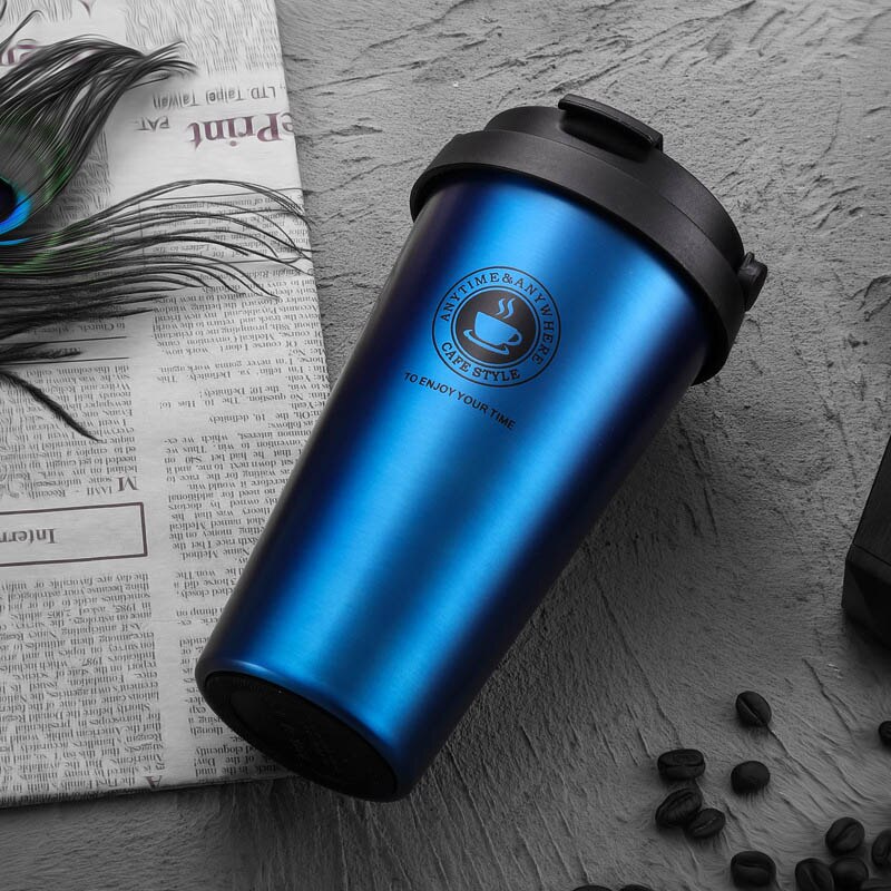 500ML Coffee Mug 304 Stainless Steel Travel Mug Double Wall Vacuum Insulated Tumbler Wide Mouth Tea Cup with Lid: Dark Blue B