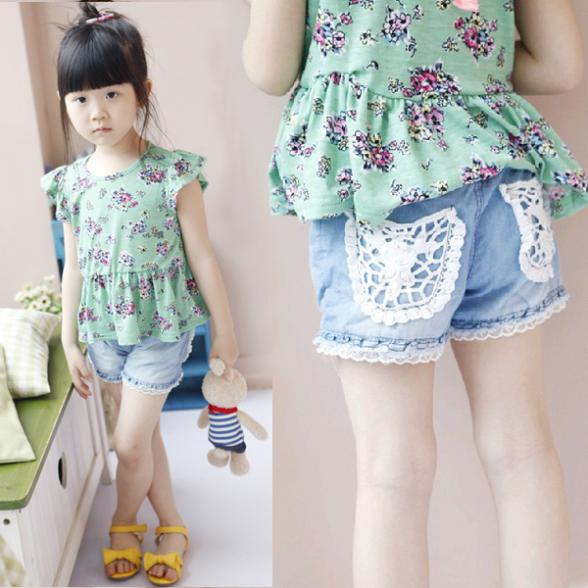 Kids Girls Shorts Jeans Lace Pocket Demin Summer Short Pants