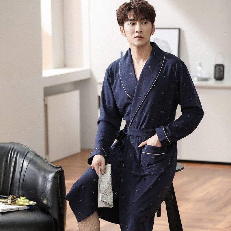 Spring Autumn Men Japanese Kimono Night-Robe 100% Cotton Casual Bathrobe Male Winter Long Sleeves V-shaped Collar Homewear