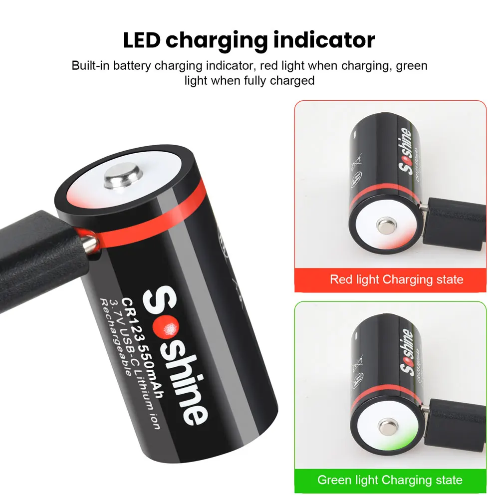 Soshine CR123 USB Lithium Batteries 550mah 3.7V 16340 16350 Rechargeable Battery RCR123 CR123A 550mah Battery with USB Cable