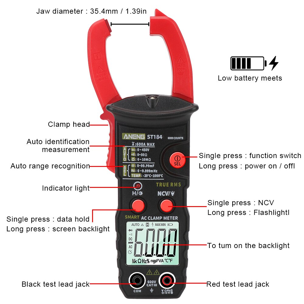 Digital Clamp Meter AC/DC Voltage Tester Ohm Hz Tester Multimeter True RMS Voltage Meter ST184 6000 Counts