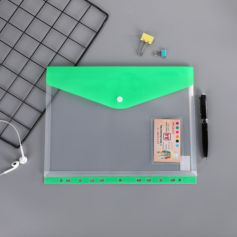 A4 Size 5Pcs 11 Gaten Semi Poly Envelop Pocket Insert Pagina 'S Voor Bindmiddelen, met Klittenbandsluiting Diverse Kleuren: green-5 pcs