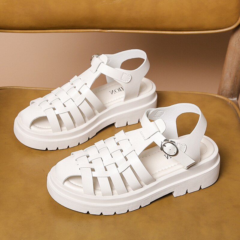 Vrouwen Sandalen Zomer Platte Platform Weave Sandaal Chunky Bodem Leer Mode Vrouwelijke Slippers Gesp Dames Schoenen: beige / 37