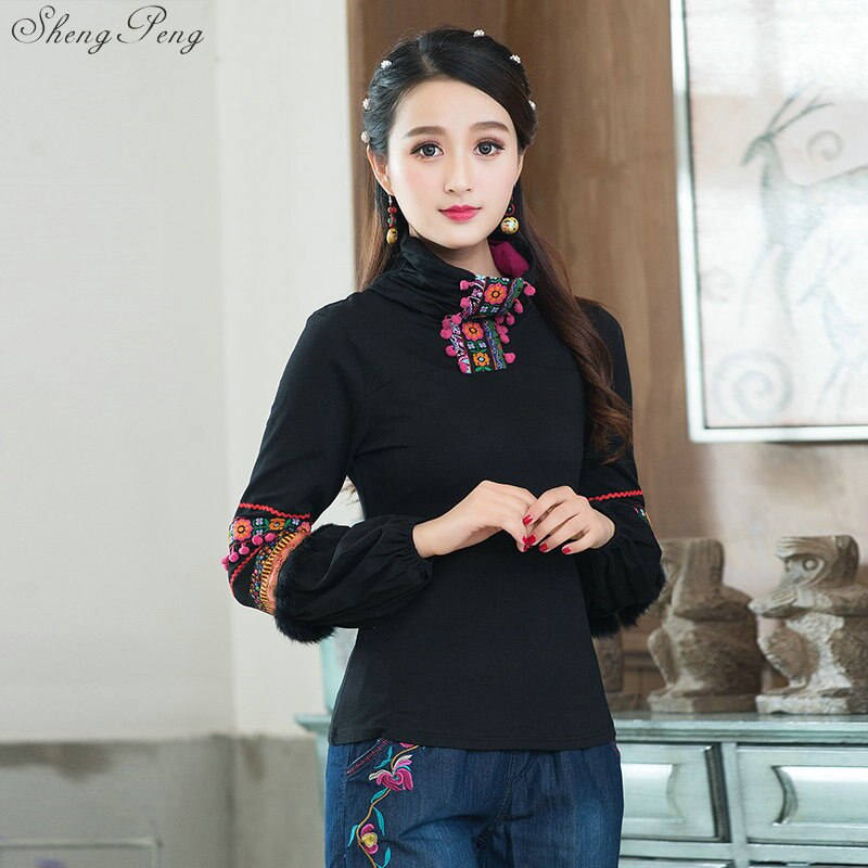 Top Cheongsam de manga larga para mujer, ropa tradicional china, talla grande 5XL, Camisa de algodón Vintage, blusa, Q663: XL