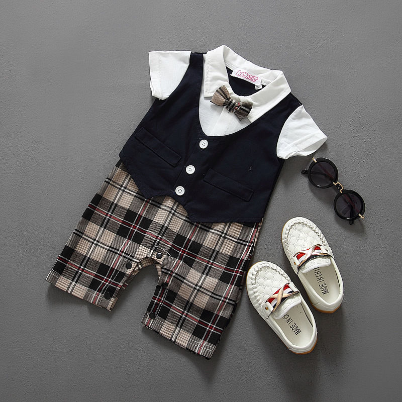 Mode Plaid Katoen Pasgeboren Kid Baby Boy Baby Outfits Jumpsuit Rompertjes Gentleman Set