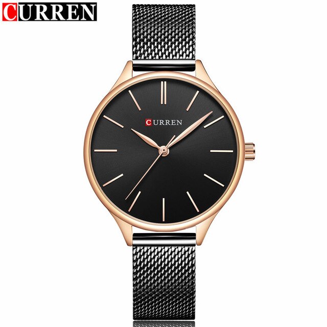 Curren Horloges Vrouwen Top Luxe Zilver Quartz Horloge Roestvrij Stalen Armband Horloges Dames Klok Relojes Mujer: black black