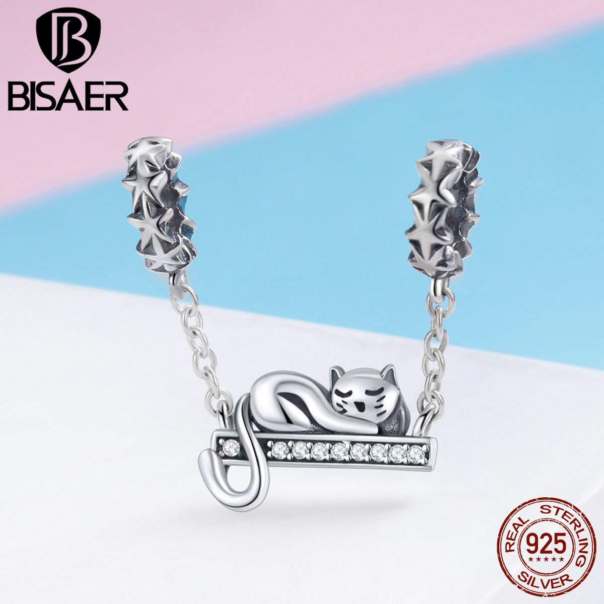 BISAER 925 Sterling Silver Sleeping Cat Charms Luminous Star Beads fit for Charm Bracelets Authentic Silver 925 Jewelry Making