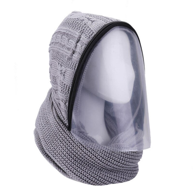 Winter Knit Hooded Scarf with Removable Clear Face Shield Protective Earflap Cap: Gray
