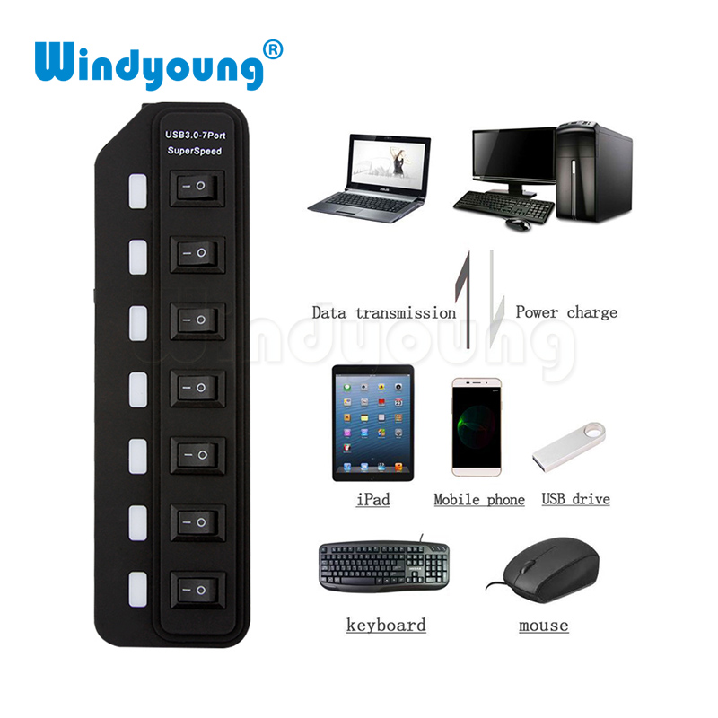 Windyoung USB3.0 HUB 7 Port with Power Charging and Switch Multiple USB Power Adapter LED ON/OFF Switch Splitter for PC Laptop