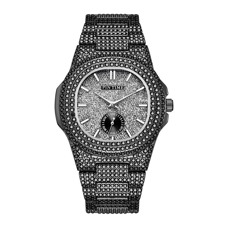 Fashon Iced Out Watch Men Diamond Hip Hop Mens Watches Top Brand Luxury Steel Gold Men Clock Montre Homme Reloj Hombre Relogio: Black