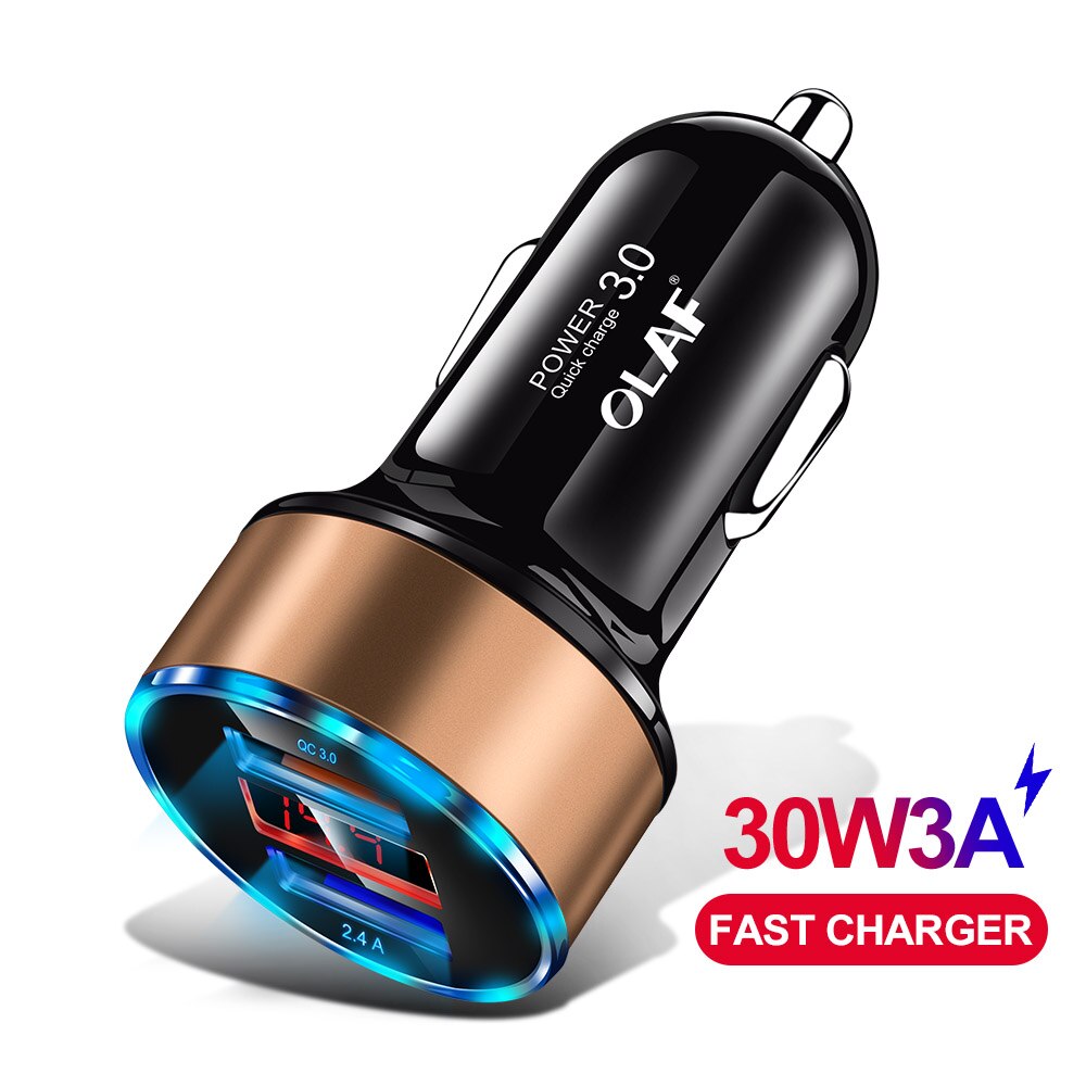 OLAF 30W QC 3,0 Schnelle USB Auto Ladegerät Für iPhone X 8 7 Samsung S10 Xiaomi schnell aufladen 3,0 5V 3A Dual USB LED Anzeige Auto Ladegerät: QC 3.0 Gold