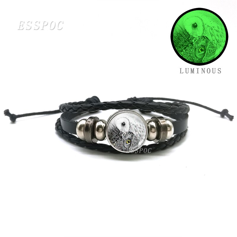 Mode Mannen Yin Yang Kat Lichtgevende Glazen Cabochon Drukknoop Armband Glow in Dark Yin Yang Zwart Lederen Armband