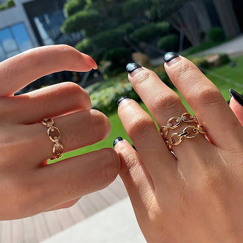 Huitan Women Ring Gold Color Chain Inlaid Bright Cubic Zirconia Wedding Party Accessories Luxury Daily Jewelry