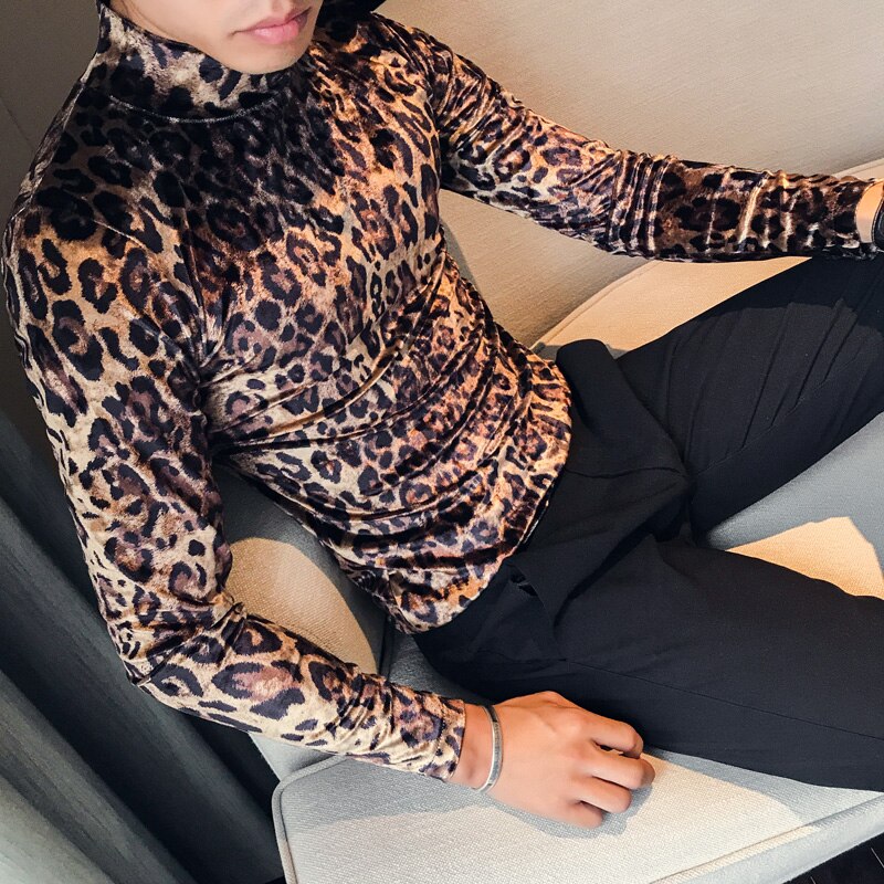Leopard t-shirt vinter herr & #39 #39 herr toppar smal höghalsad t-shirt långärmad herr t-shirt camiseta