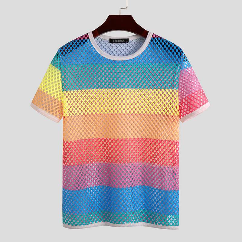 Camiseta de malla para hombre, camisetas degradadas de manga corta a la , blusa transparente con Tie Dye, ropa de calle, camisetas para fiestas en club nocturno, 7: XXXL