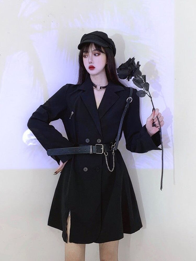 Vestido de chaqueta negra para mujer, traje coreano Harajuku Vintage, Blazer, vestidos de verano para mujer, ropa de oficina, Cosplay gótico, 2022
