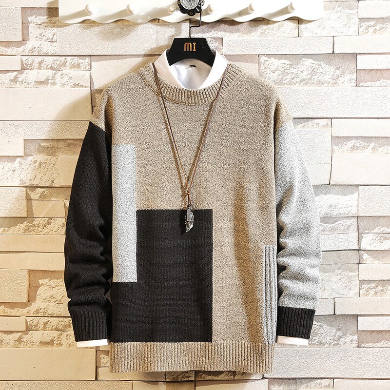 Sweaters Patchwork Men'S Long Sleeves Autumn Winter Pullover Knitted O-Neck Plus OverSized 5XL: Z866 2 / XL FOR 175 CM 75KG