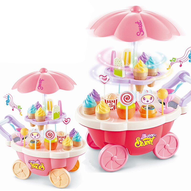 Pretend Play Toys Kids Simulation Candy Ice Cream Trolley Mini Pusher Car Toys Candy Ice Cream Supermarket Music Children