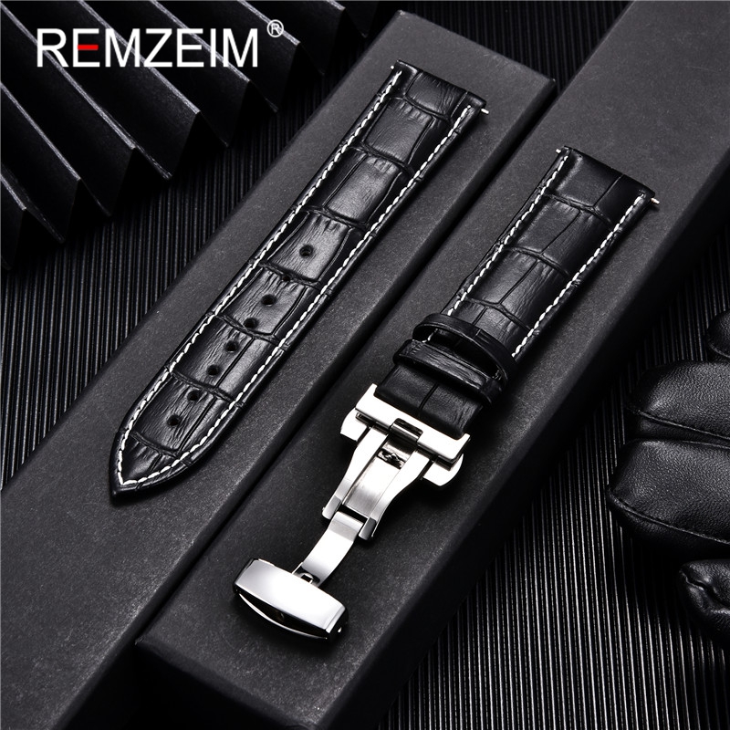 Pulseiras de couro de bezerro genuíno negócios substituir pulseira de relógio 18mm 20mm 22mm 24mm com fivela borboleta pulseira de relógio de pulso: Luz branca Pur / 24 milímetros