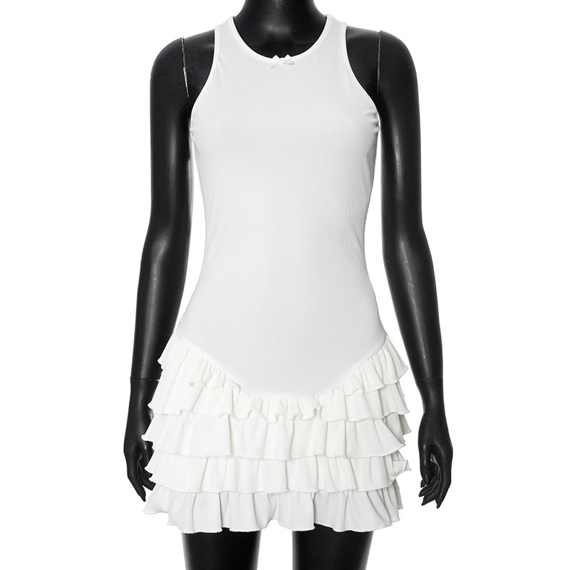 Absobe-Vestido corto ajustado con volantes y lazo para mujer, minivestido ajustado con cuello en U, ropa de playa para verano: S / Negro