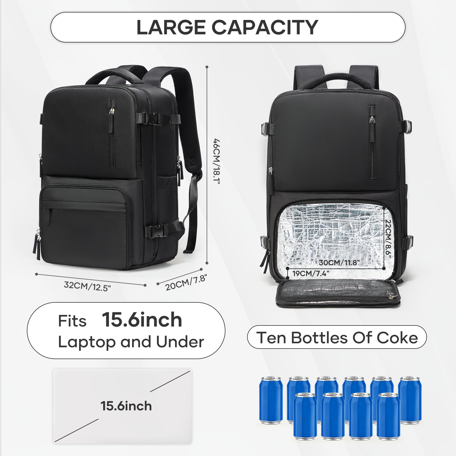 Mochila de almuerzo Mochila para hombre con fiambrera, mochila para portátil de 15,6 pulgadas Mochila de viaje, mochila de trabajo negra, fiambrera impermeable