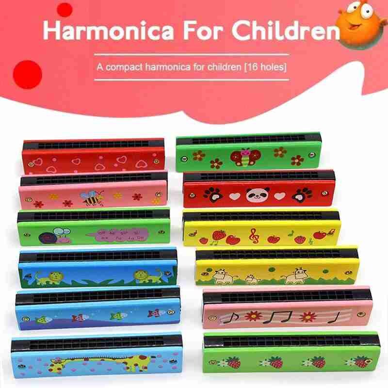 Double Row 16 Hole Harmonica Children's Wooden Painted Harmonica Musical Instrument Children's Music Educational Toys