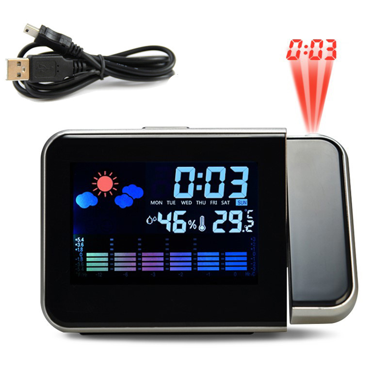 1 Projection Alarm Clock With Weather Station Thermometer Date Display Digital Clock USB Charger Snooze LED Projection: black