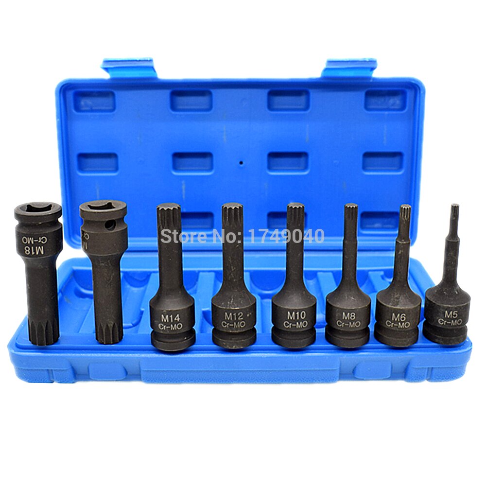 Impact Spline Socket Bits 8pcs Set M5 M6 M8 M10 M12 M14 M16 M18 CR-MO Screw Driver Bit Screwdriver Bits 1/2" Square Drive