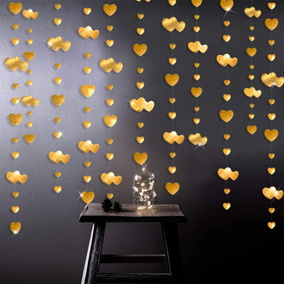Rose Gold Herz Hängen Girlande Papier Liebe Form Streamer Banner für Bachelorette Engagement Hochzeit Valentines Party Dekoration: Gold