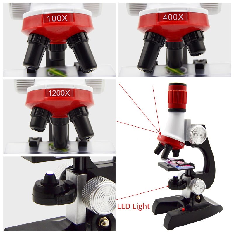 100X 400X 1200X LED Lighted Children Toy Monocular Plastic Biological Microscope Kid's Birthday Educational