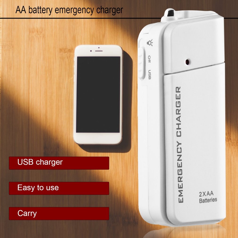 Universeller tragbarer usb-notfall-akku-verlängerungslader mit 2 aa akkus für iphones und mobiltelefone  mp3 mp4 weiß